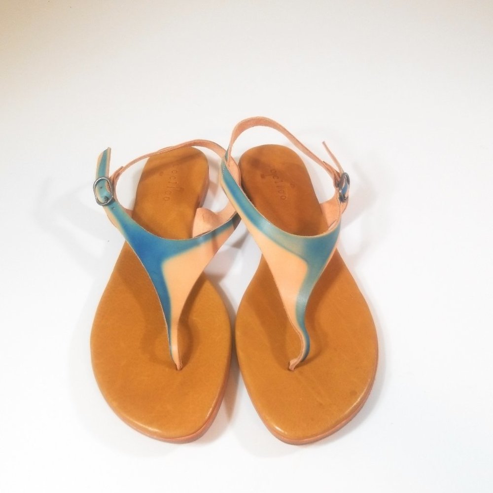 New Coclico Women Blue Brown Leather Flats Ankle Strap Sandals Thong Shoes Sz 40